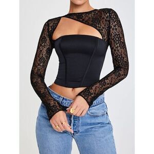 Commense Lace Sleeve Colorblock Cocktail Black‎ top Evening Party XS